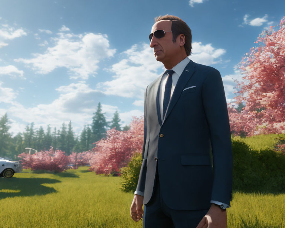 Man in Navy Blue Suit with Sunglasses in Sunny Park with Pink Trees & White Car