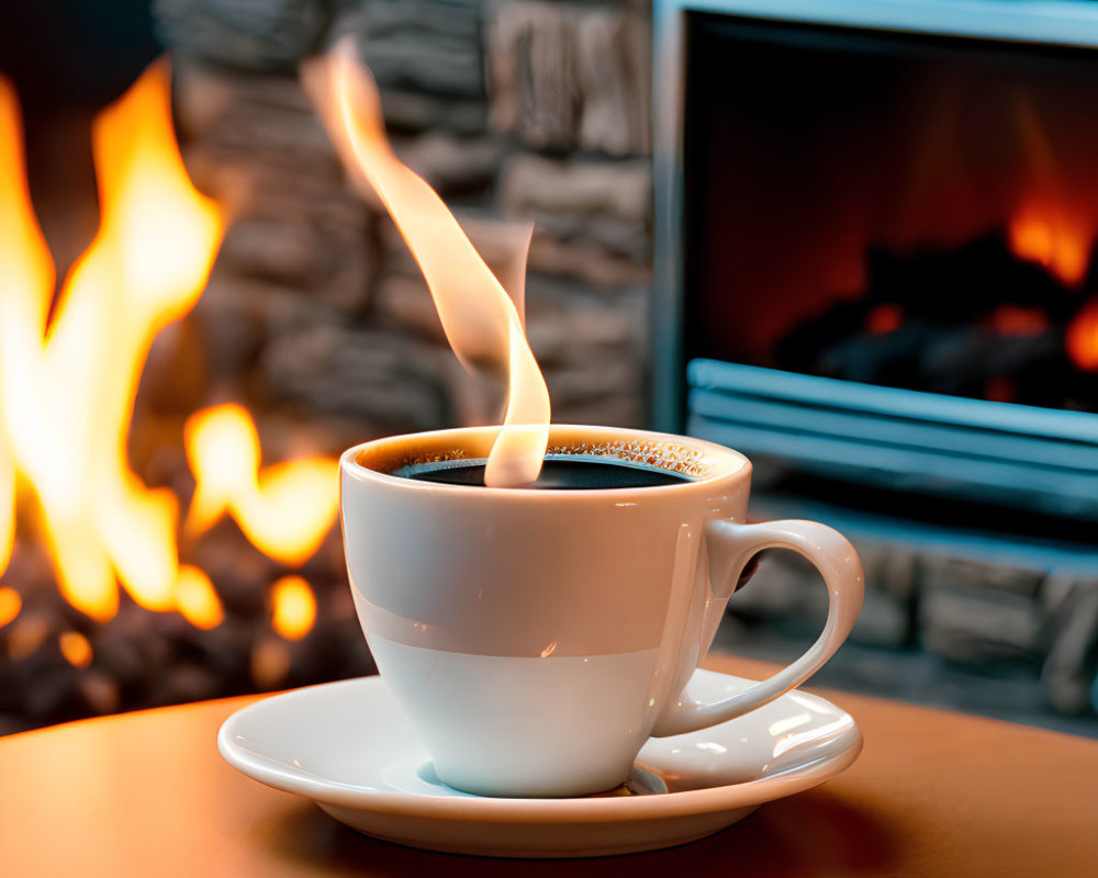 Warm Coffee by Cozy Fireplace Display