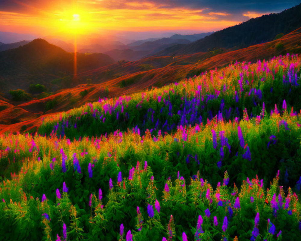 Purple Flowers Blanket Rolling Hills at Vivid Sunset