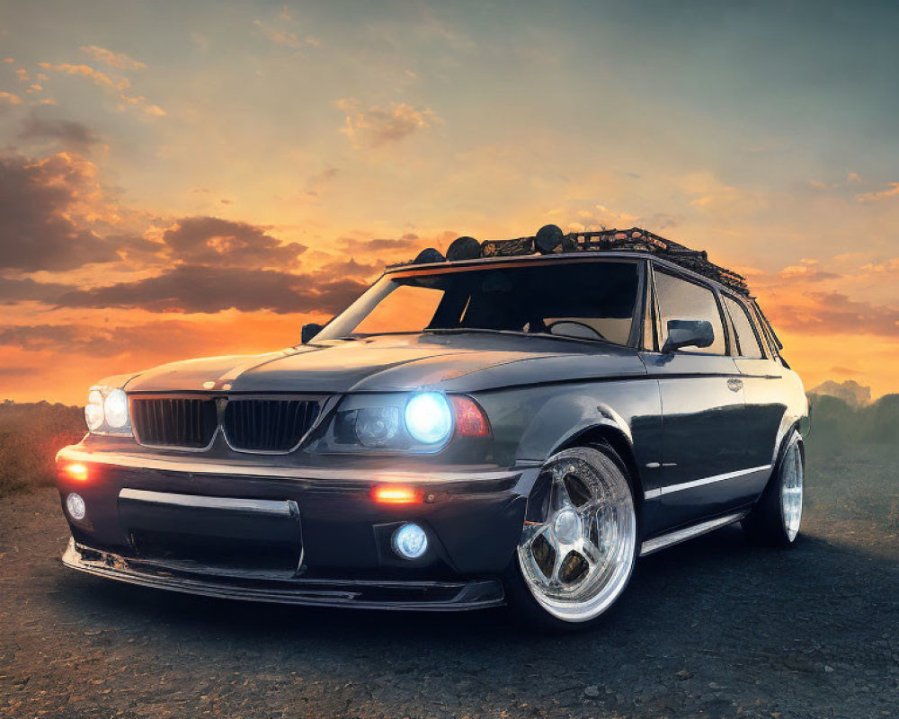 Vintage station wagon with shining headlights parked on road at sunset