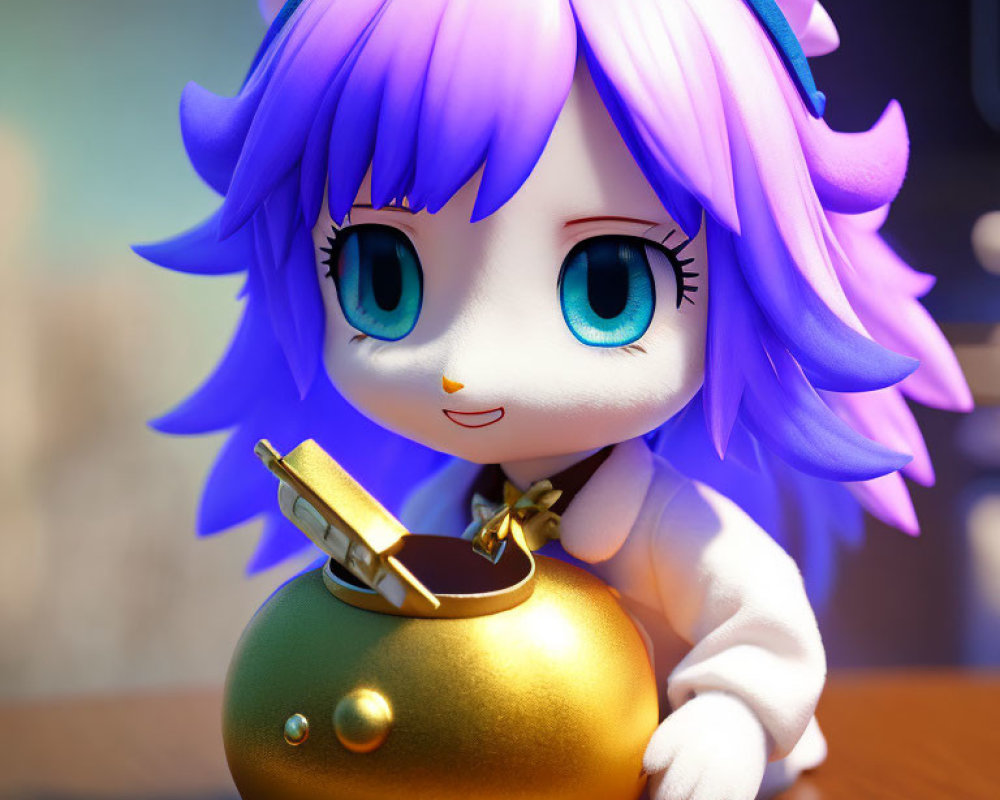 Anime-style character with blue eyes and purple hair holding a golden purse