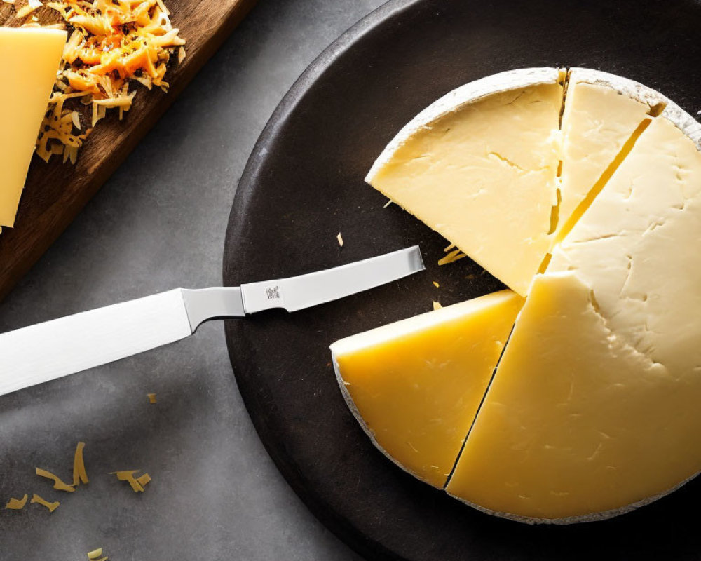 Sliced wheel of cheese with knife and grated cheese on plates