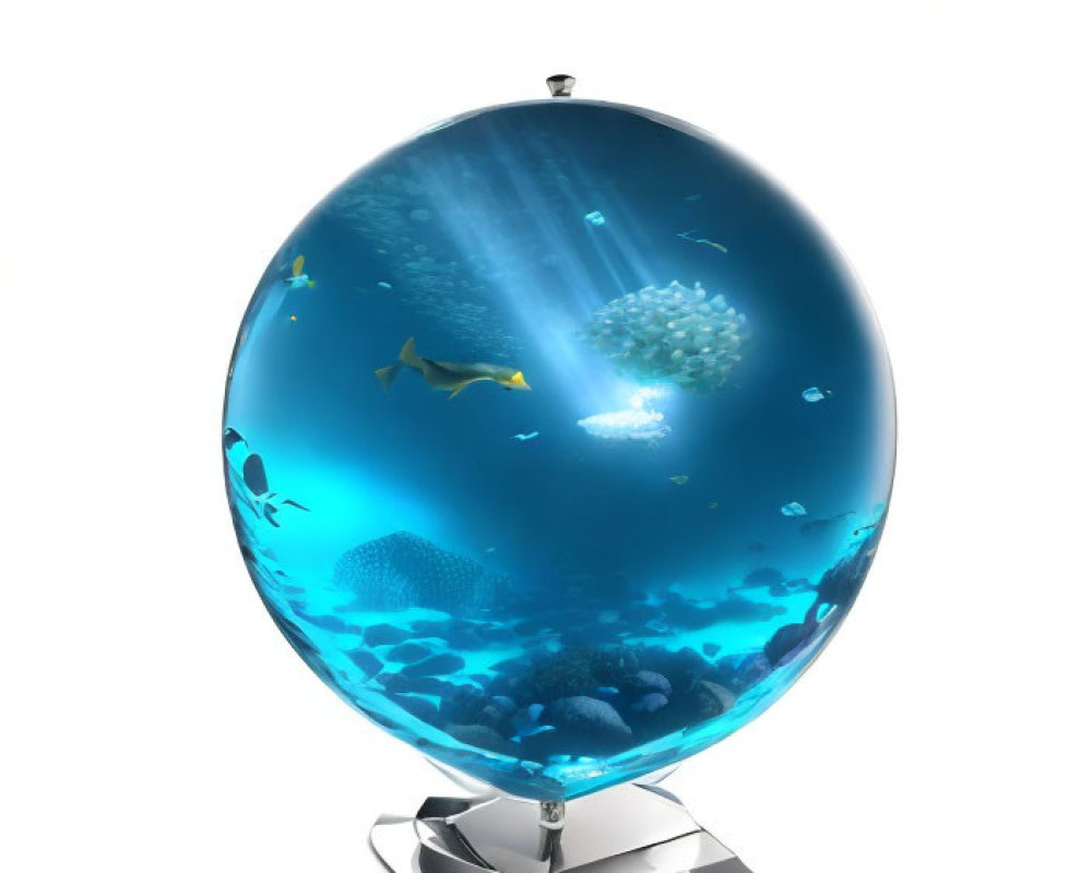 Miniature underwater scene with fish and coral in globe on stand