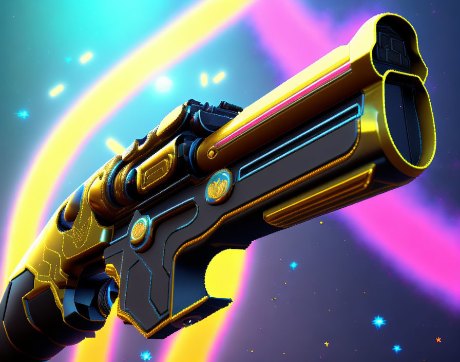 Futuristic Weapon with Neon Blue and Gold Accents on Cosmic Background