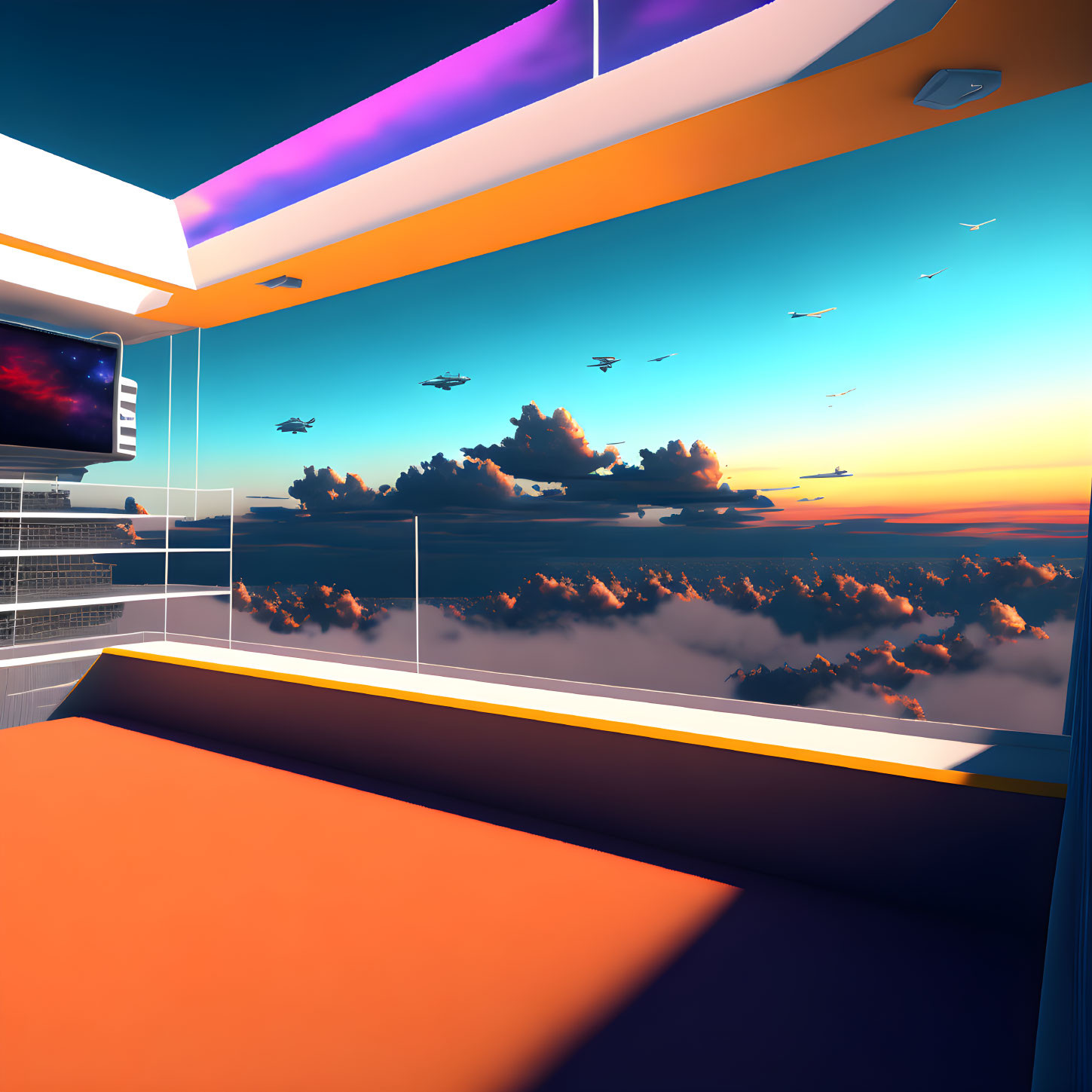 Panoramic Sunset View in Futuristic Bedroom