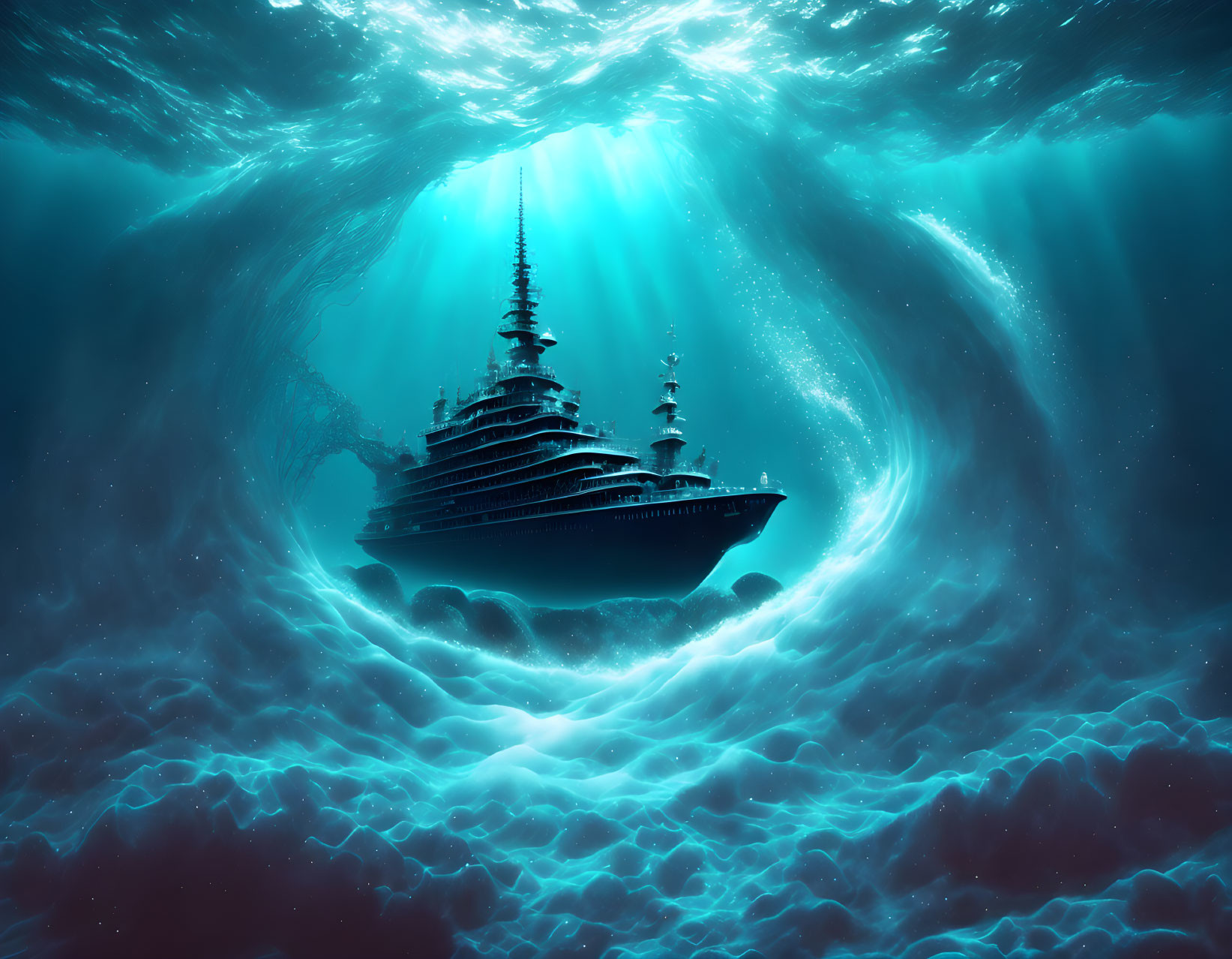 Mystical ship sailing underwater with swirling light patterns