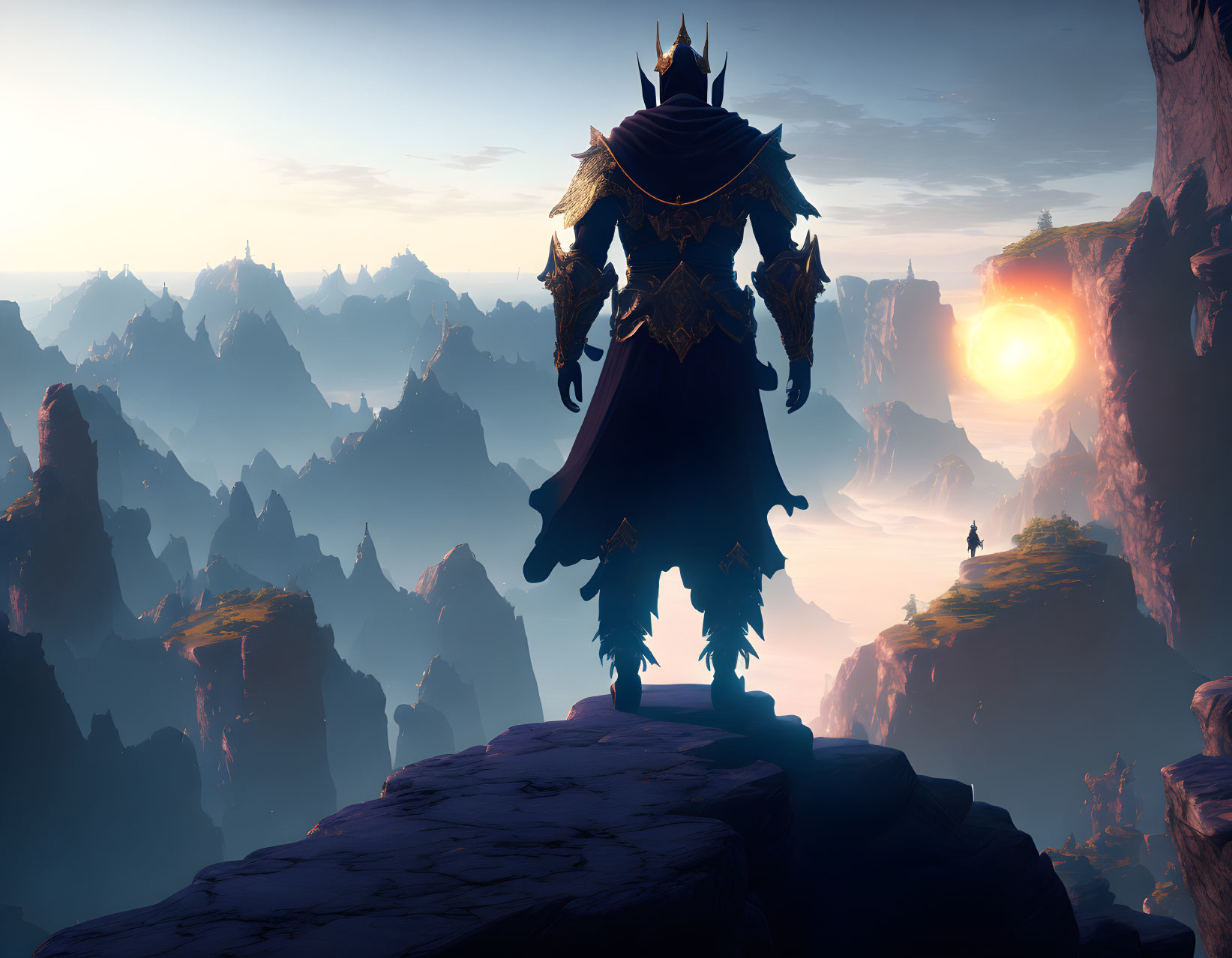 Silhouetted figure in ornate armor on cliff in mystical landscape