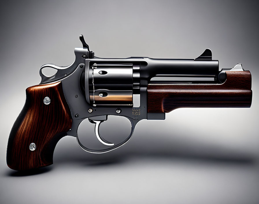 Blued Steel Revolver with Wooden Grips on Gray Background