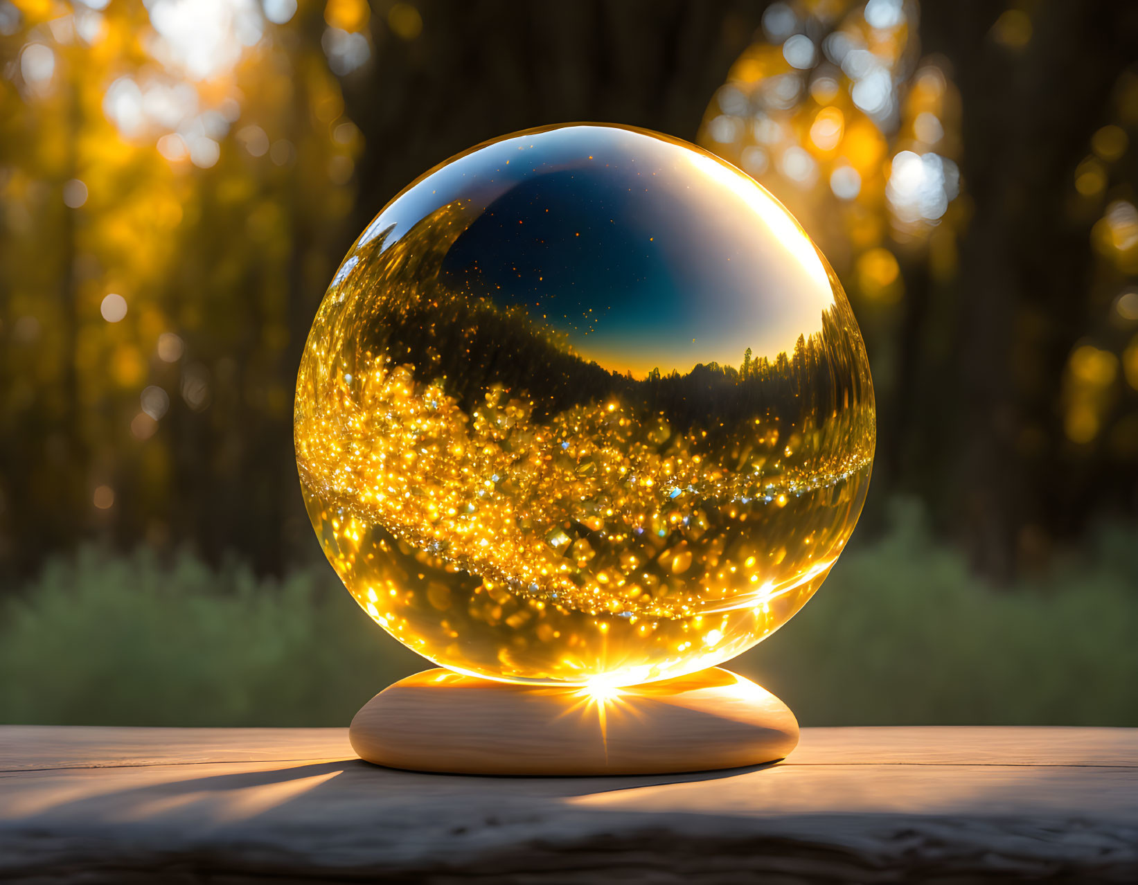 Crystal ball on wooden stand reflects starry night sky and dense trees with sunlight peeking through against blurred