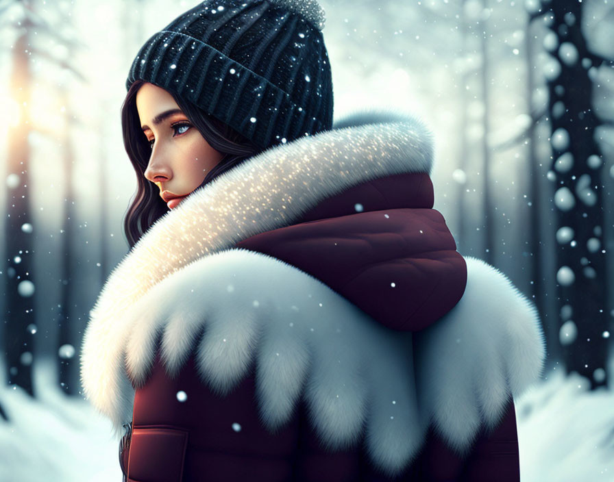 Woman in winter scene with hat, puffy jacket, and snowflakes.