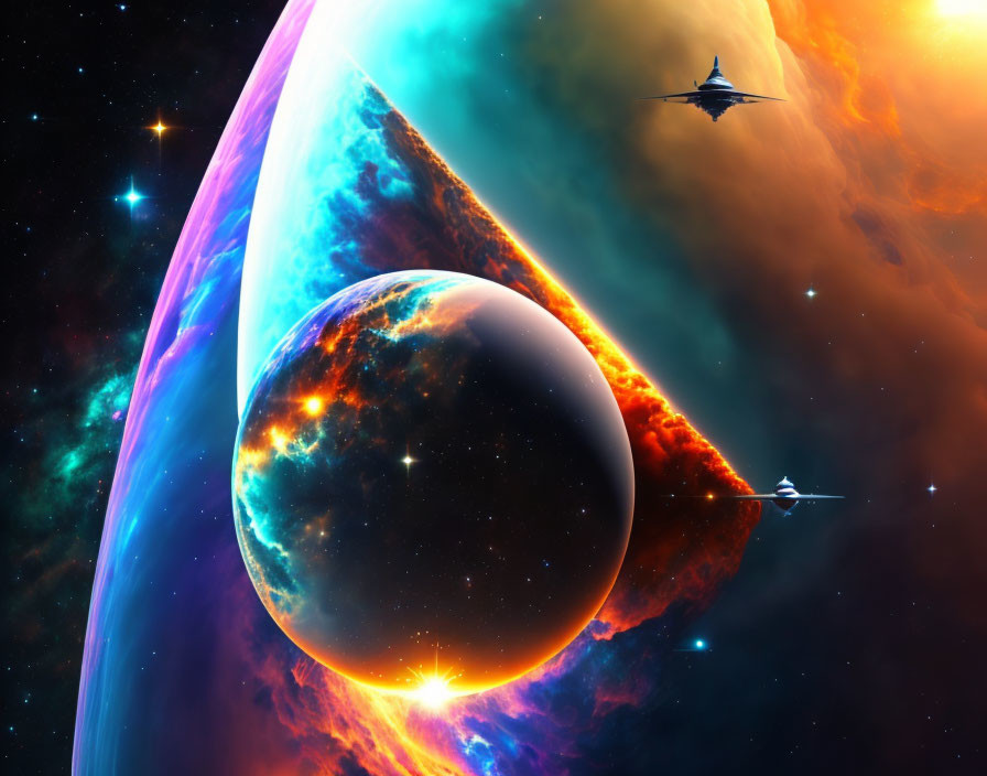 Colorful Space Scene with Planets, Nebula, Stars, and Spacecraft