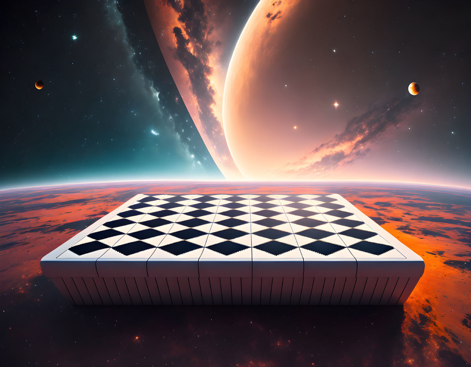 Chessboard floating over Martian landscape with planet and moons in starry sky