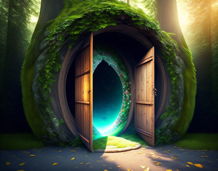 Enchanting round doorway in mossy hillside with glowing light, forest trees.