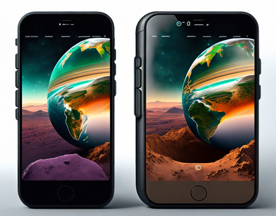 Smartphones Displaying Earth Wallpaper Against Desert Landscape