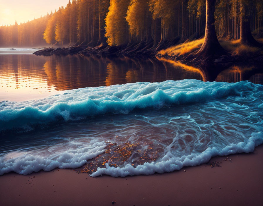 Sandy beach with foamy waves and golden-lit forest