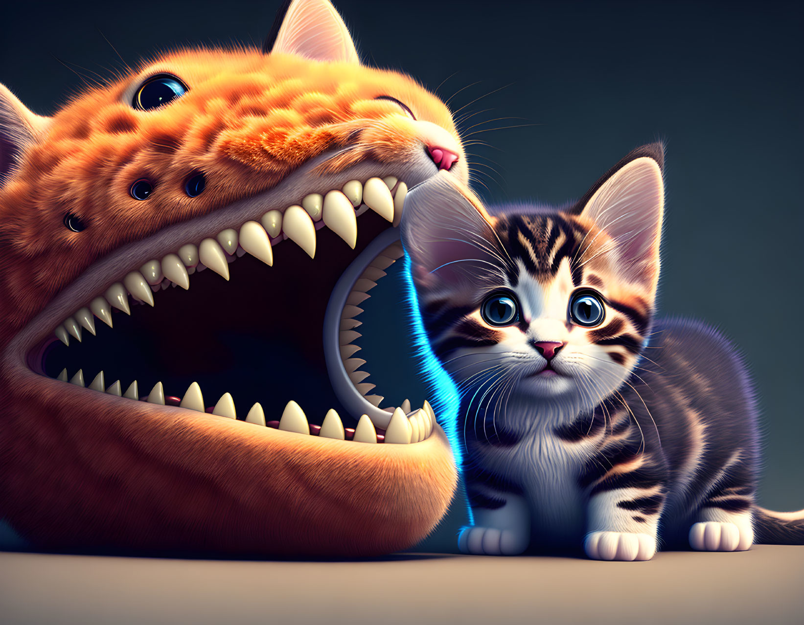 Curious small kitten next to monstrous cat with large mouth