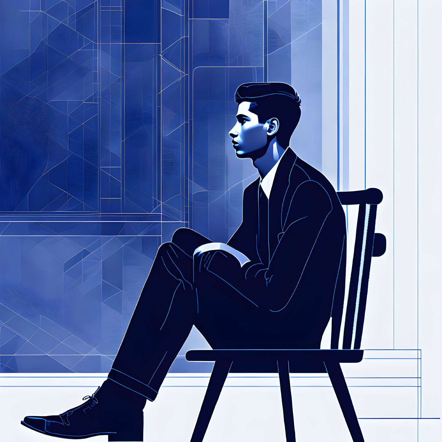 Monochromatic illustration of person seated on chair against geometric background