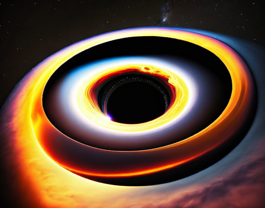 Detailed depiction of black hole with swirling accretion disk and cosmic jet.