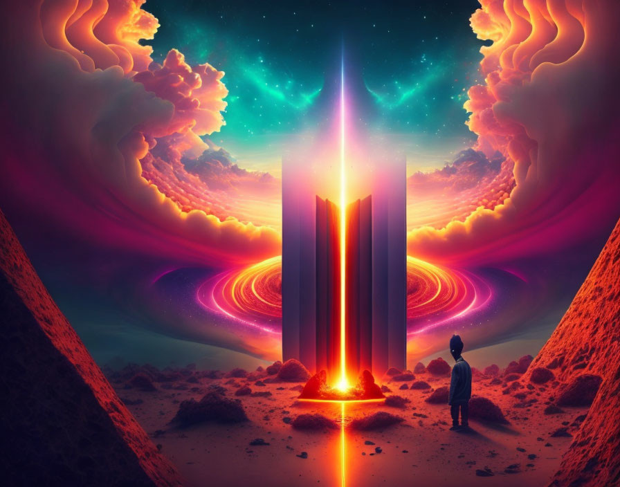 Mystical illuminated monolith in surreal cosmic landscape