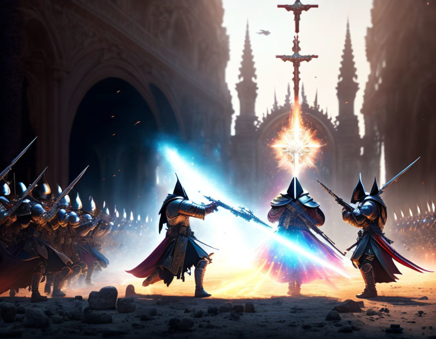 Armored knights battle with magical swords at grand gothic cathedral