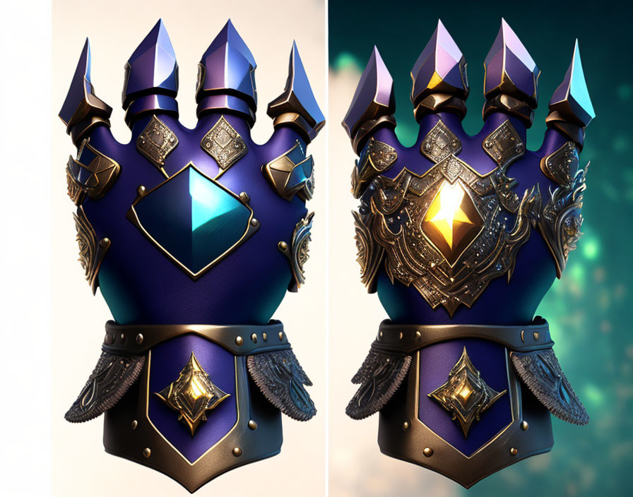 Fantasy armor with crested shoulder plates and gemstone on warm gradient backdrop