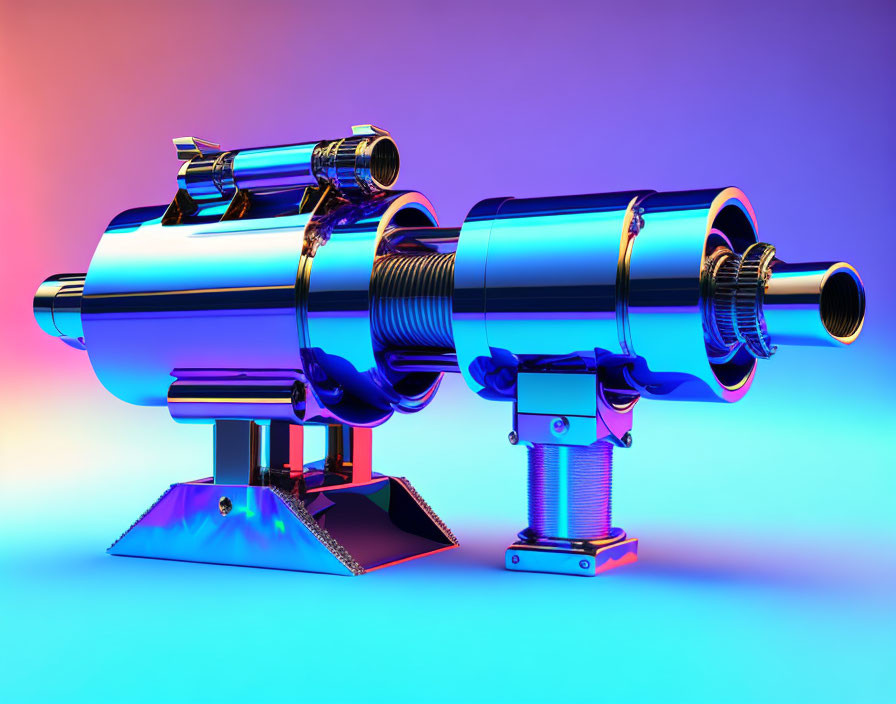 Futuristic blue ray gun on metallic stand against pink and blue gradient.