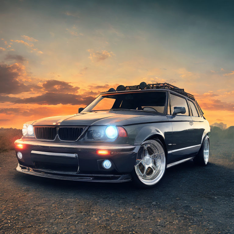 Vintage station wagon with shining headlights parked on road at sunset