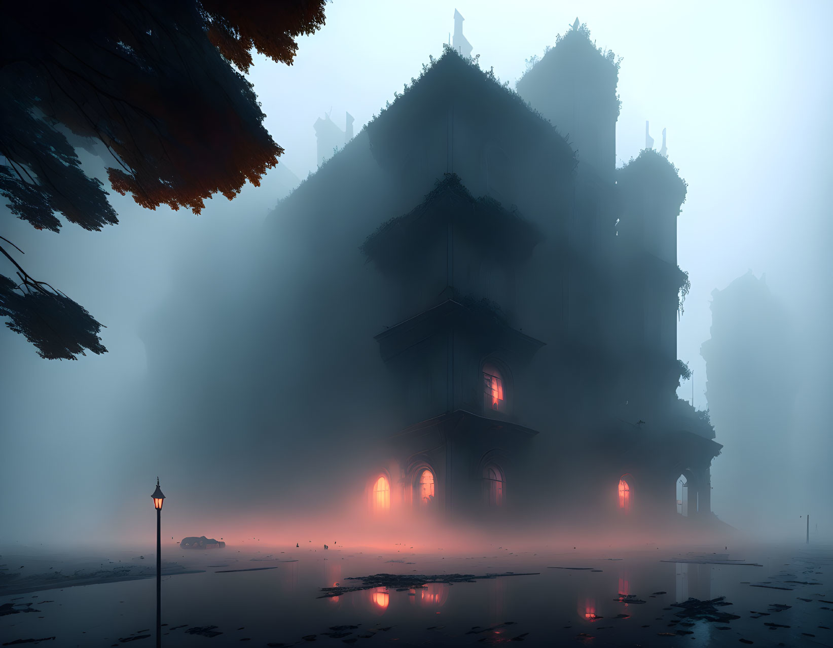 Gothic structure with red windows in foggy landscape