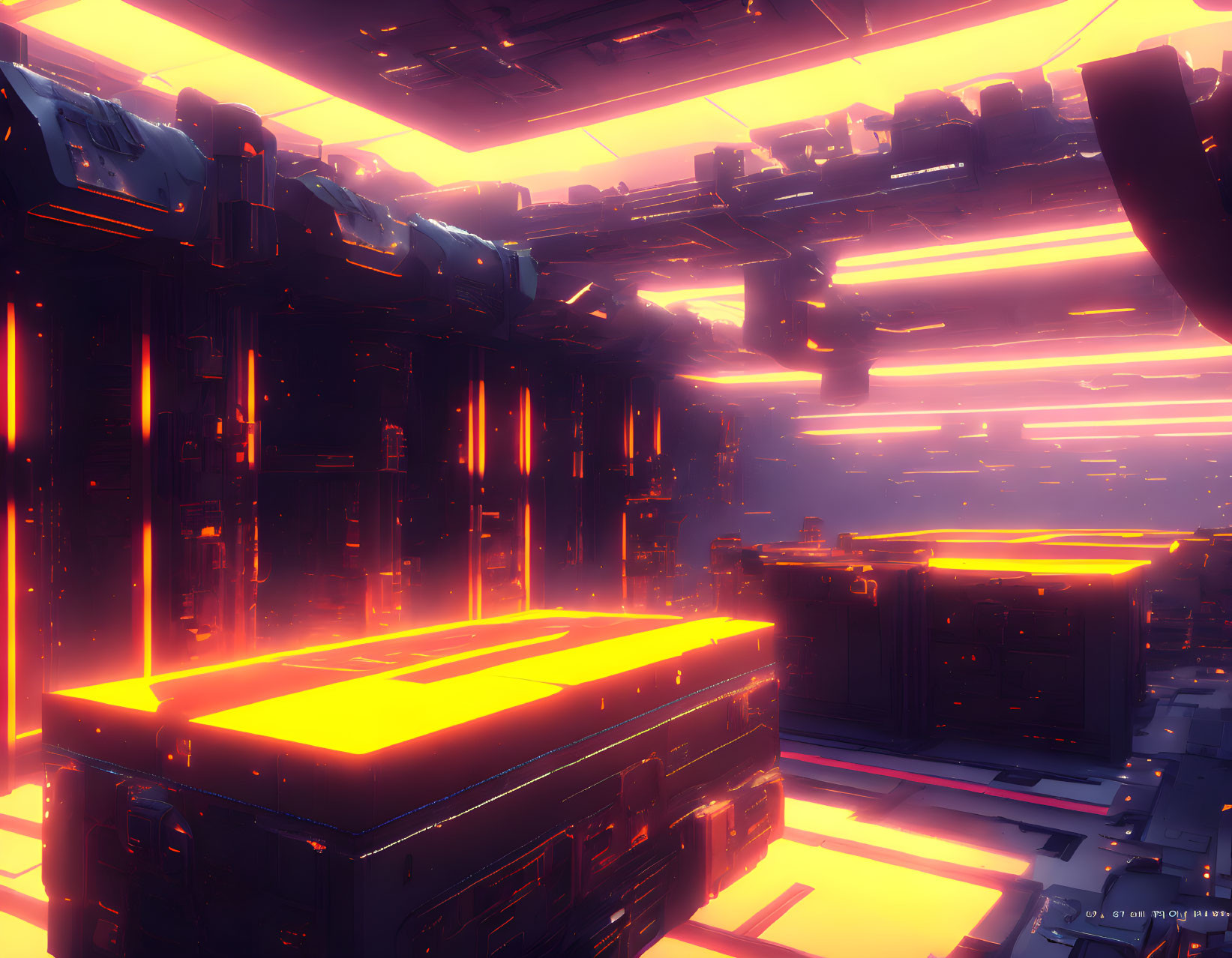 Futuristic industrial interior with warm orange glow and neon lights