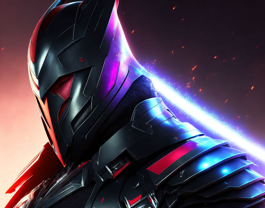 Futuristic knight in sleek armor with glowing red accents on vibrant background