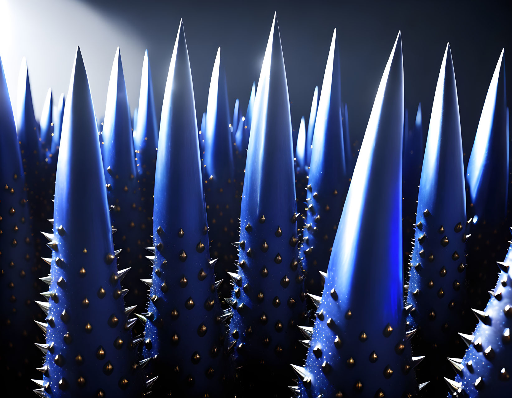 Metallic Spikes with Blue Illumination on Dark Background