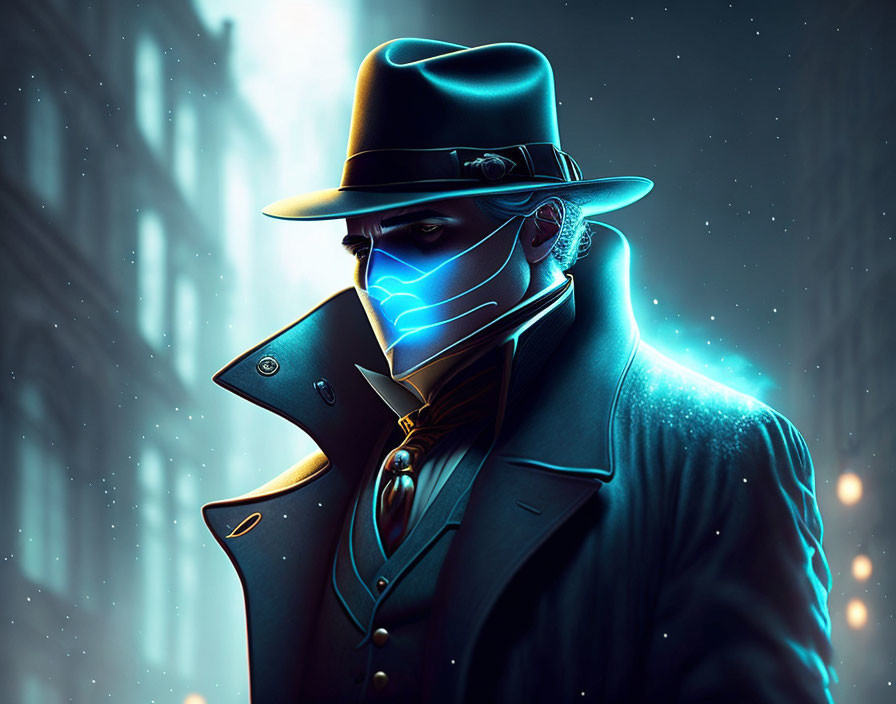 Digital artwork: Man in fedora and trench coat with glowing blue neon lines, dark cityscape.