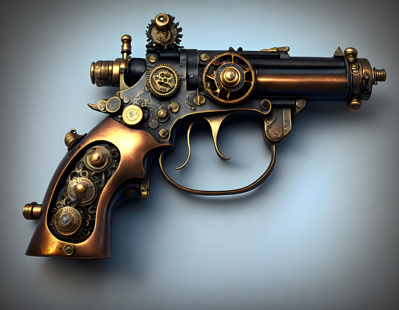 Steampunk-style revolver with gears and metallic details on blue background