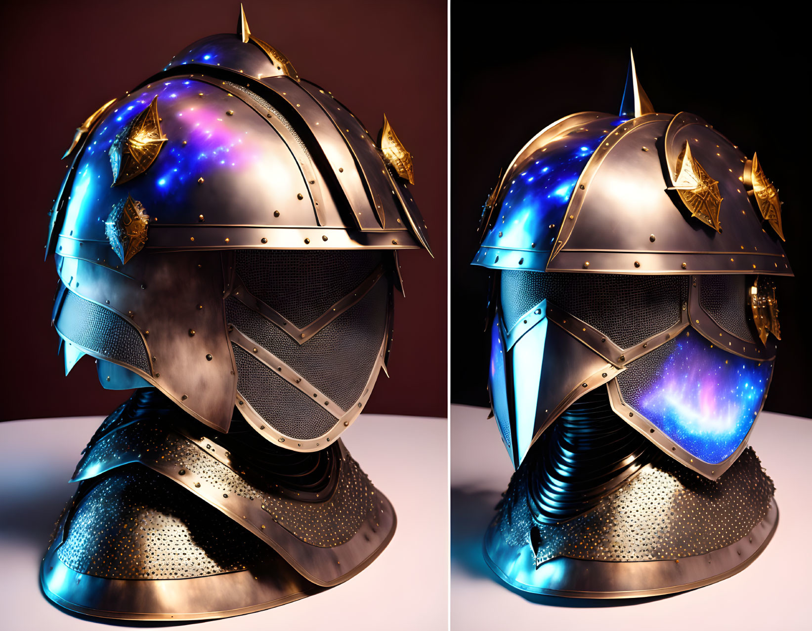 Medieval knight helmets with cosmic galaxy patterns on dark background