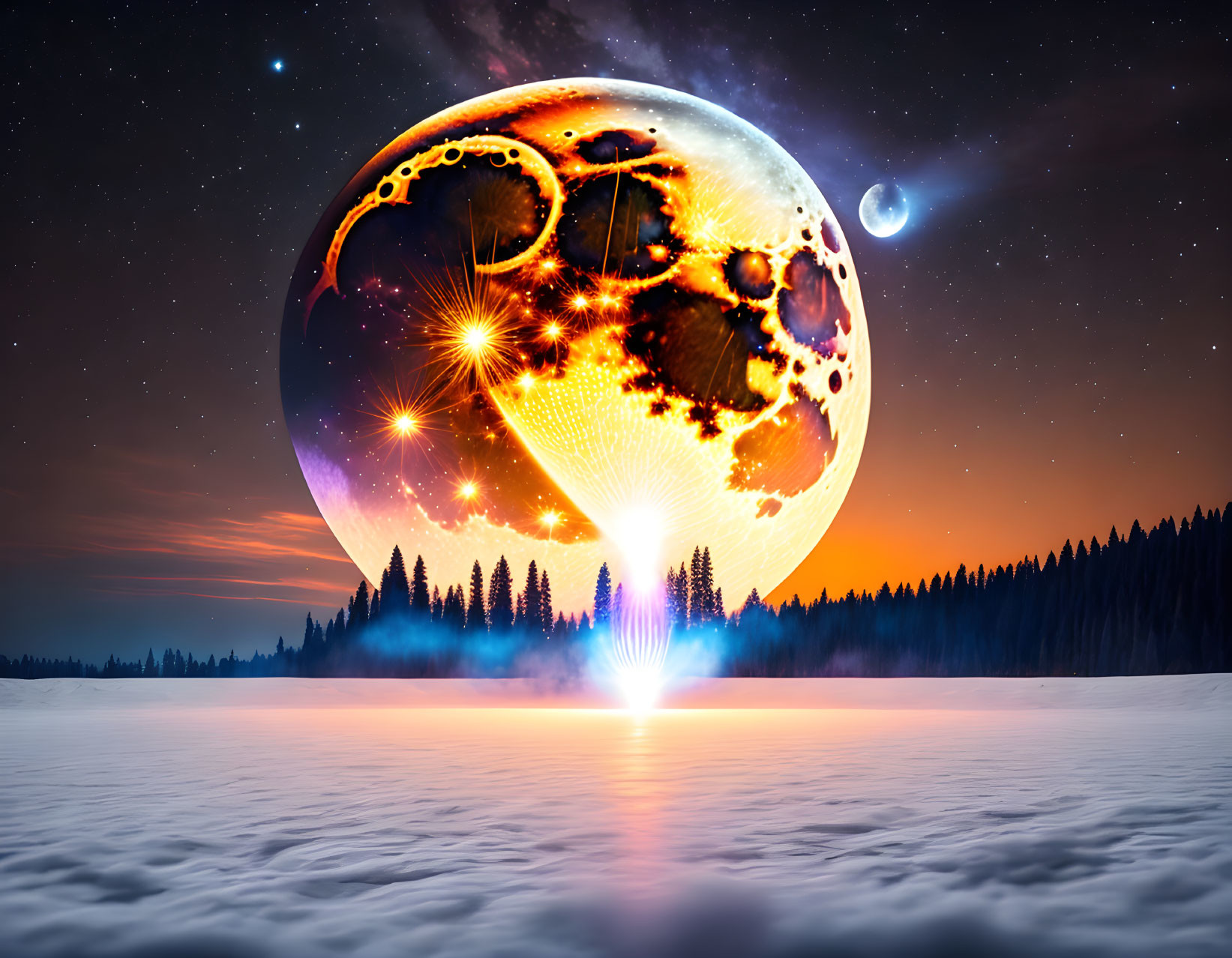 Surreal landscape with giant molten moon over snowy forest