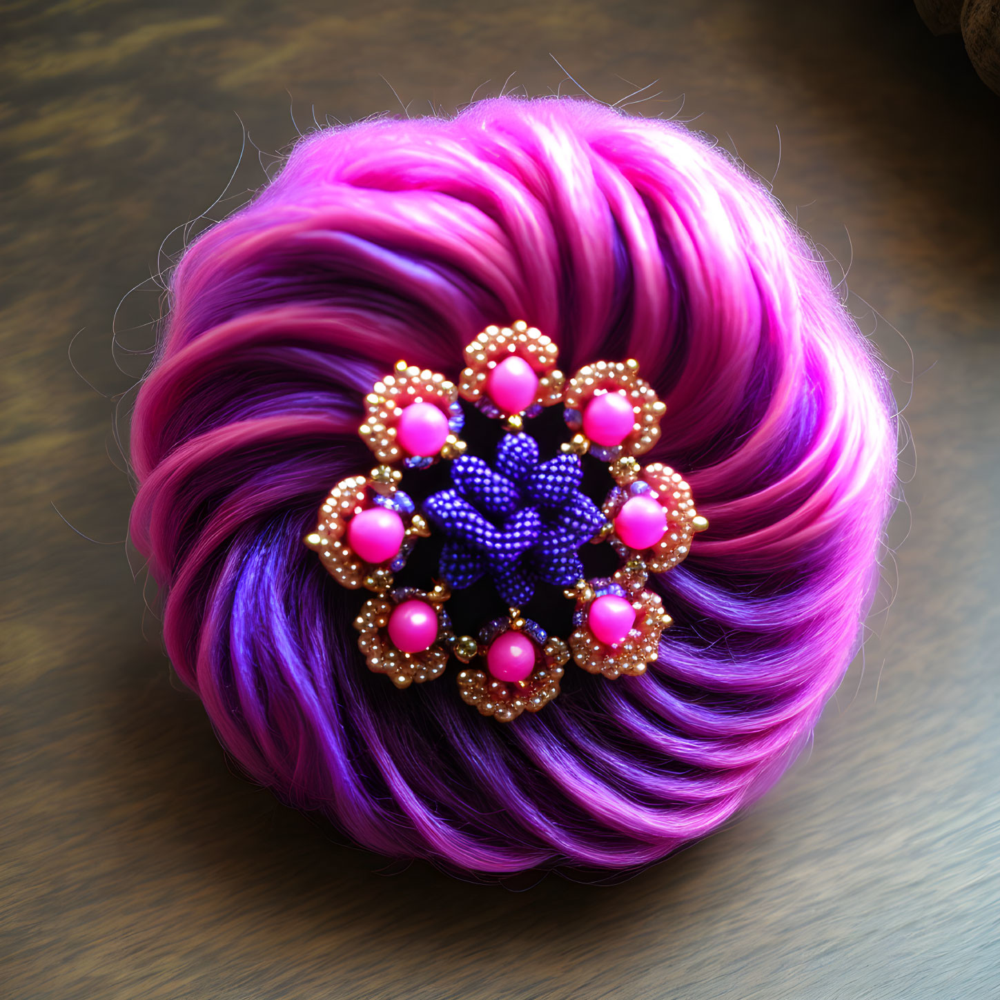 Pink and Purple Braided Hair Bun with Flower Hair Clip and Beads