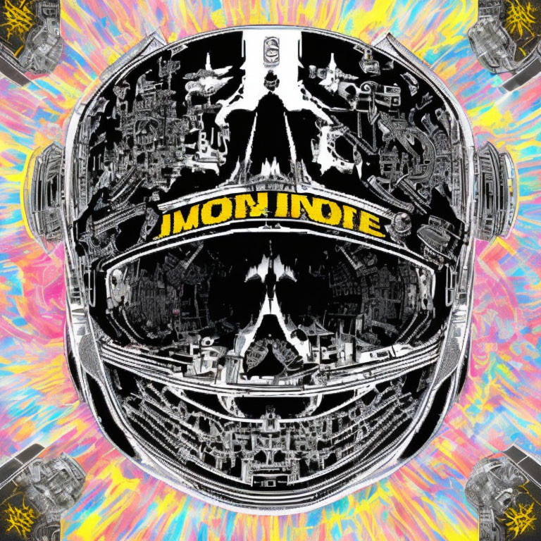 Colorful Psychedelic Astronaut Helmet Graphic with Central Figure in Stylized Design