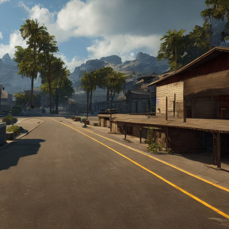 Deserted street with wooden houses, tropical trees, mountains.