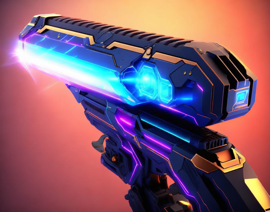 Futuristic blue and orange plasma rifle on radiant red background