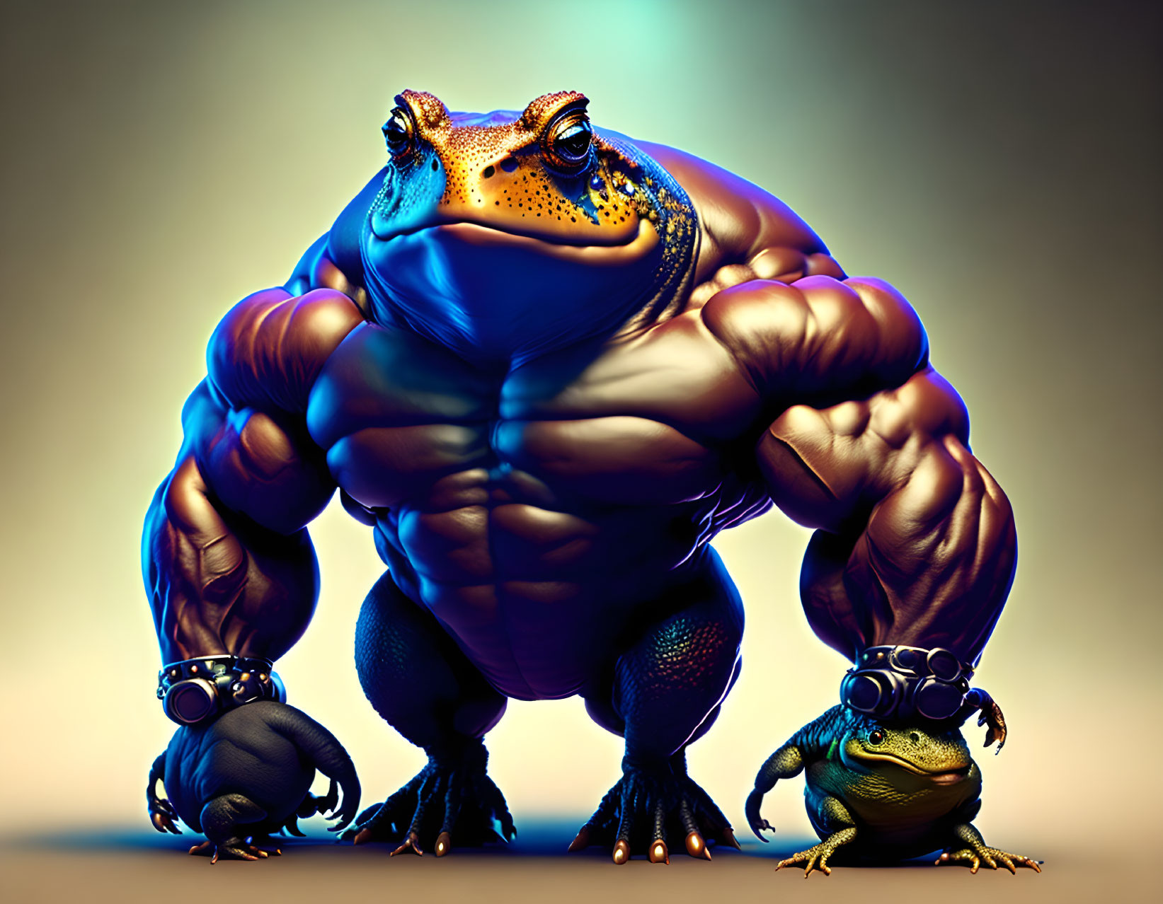 Muscular anthropomorphic frog with smaller companion showcasing bodybuilder physiques