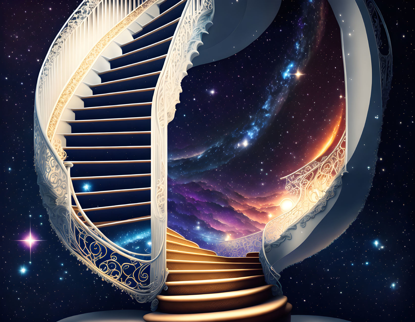 Surreal digital artwork: Spiral staircase merges with cosmic night sky