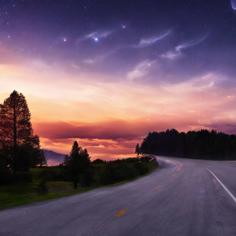 Twilight scene: winding road, vibrant sunset, starry sky, trees, grassy landscape