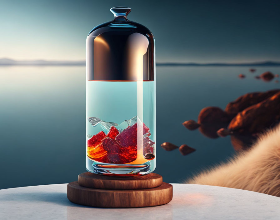 Modern water carafe with metallic cap, water, red fruit, lake, and rocks on wooden base