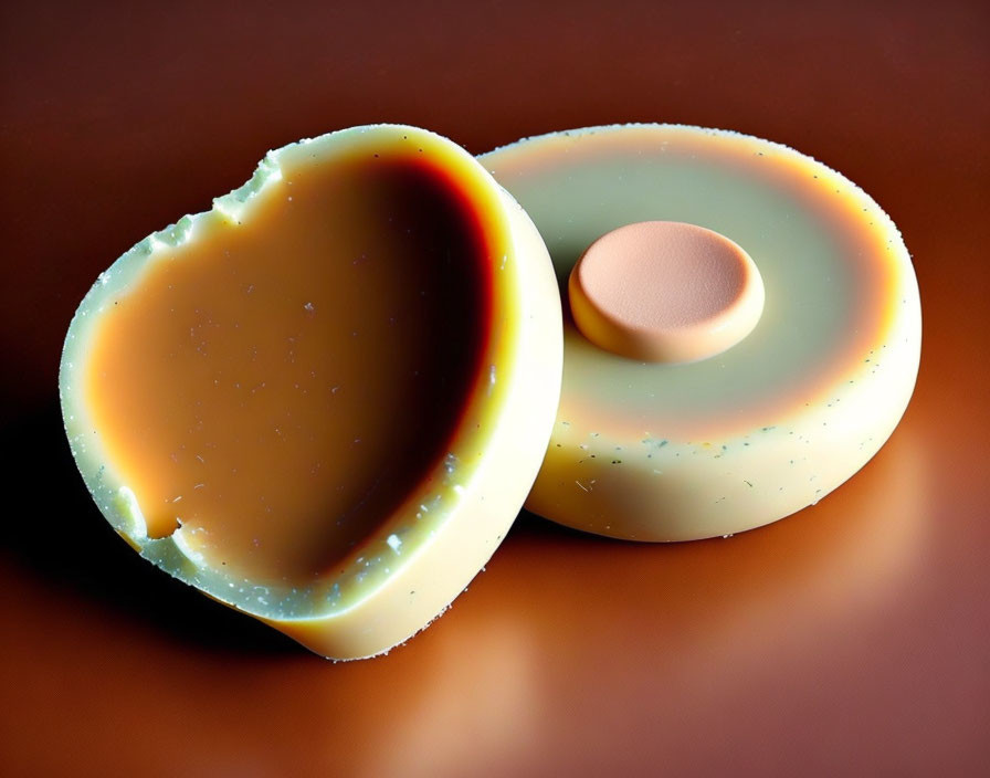 Caramel-filled chocolate egg split in two