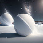 Snowy Night Landscape with Spherical Snowballs and Starry Sky