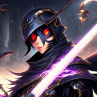 Fantasy warrior in black armor with red eyes and glowing purple sword