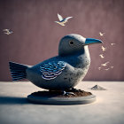 Sculpture of bird with blue and white design on rock with flying seagulls