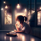 Girl Contemplating at Night Diner Table with Coffee