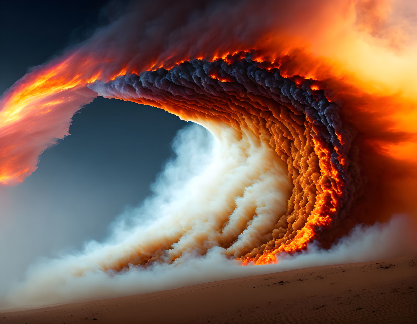 Fiery Orange Cloud Wave Over Desert Landscape