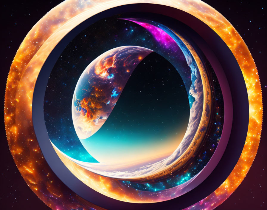 Surreal space scene with glowing torus planet in digital art